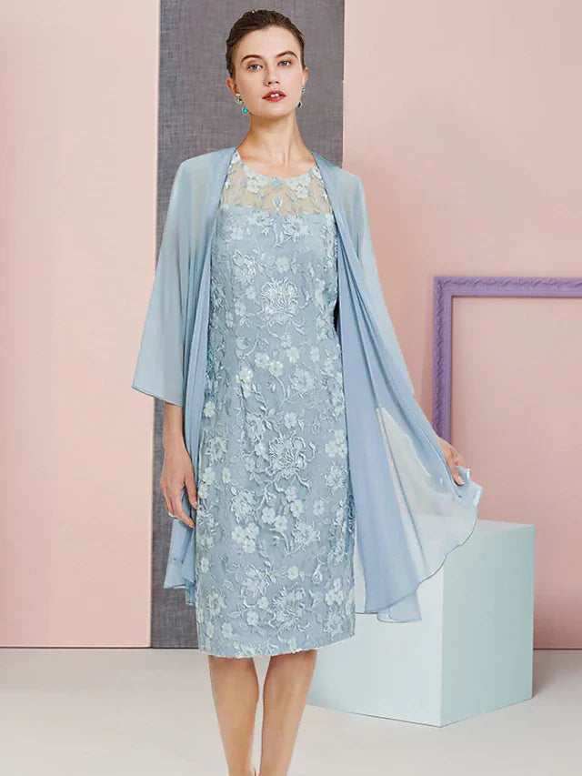 Wholesale Two Piece Sheath / Column Mother of the Bride Dress Formal Wedding Guest Vintage Elegant Scoop Neck Knee Length Chiffon Lace Sleeveless Jacket Dresses with Appliques